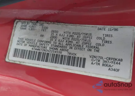 1997 Toyota Tacoma Base V6 z USA, uszkodzony, nr VIN 4TAWN72N3VZ254538